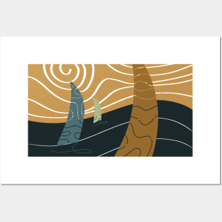 Abstract landscape of a wavy ocean and the yacht sailors Posters and Art